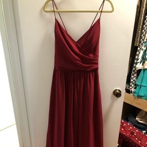 Floor length burgundy dress with crisscross straps